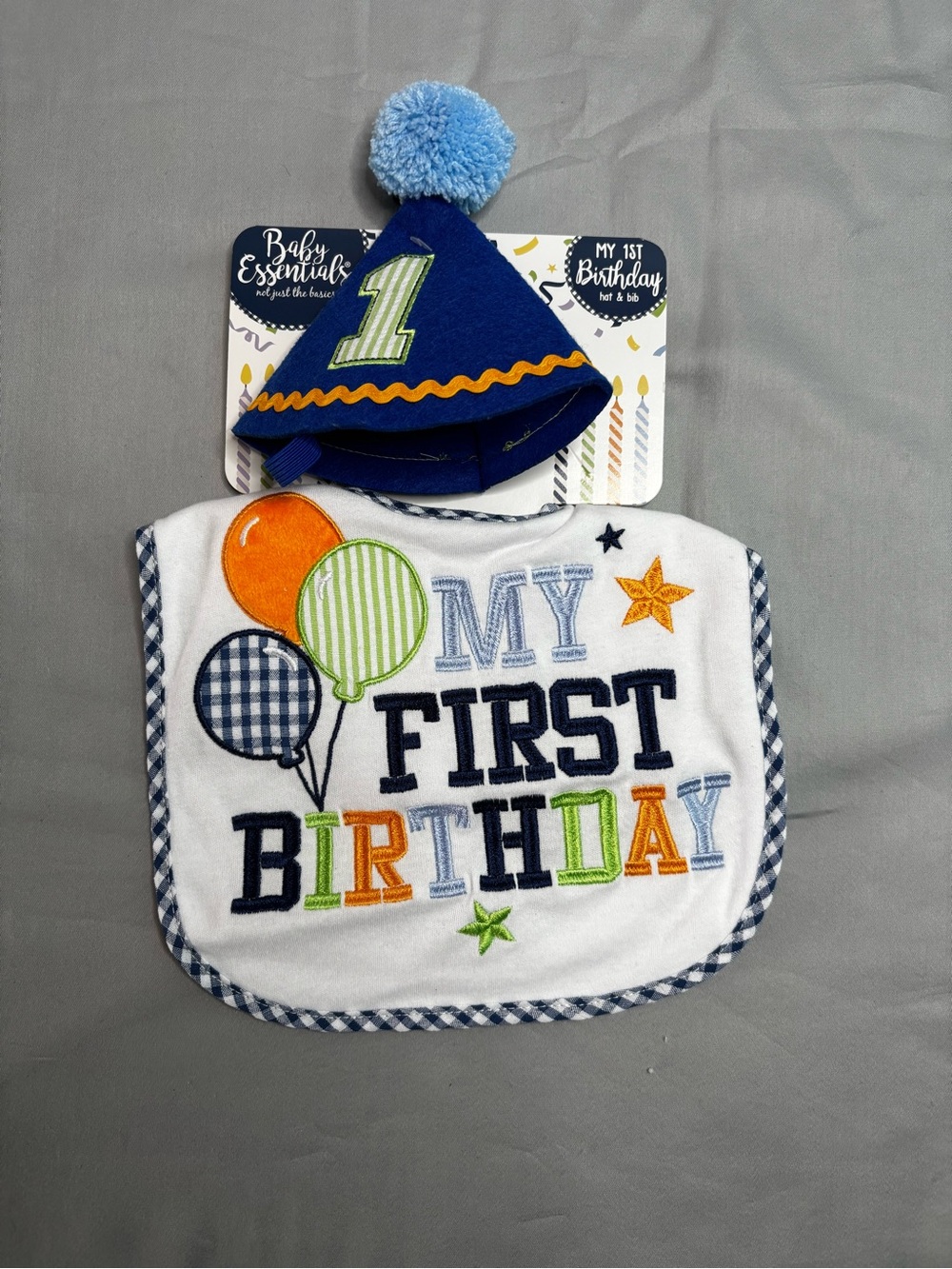 First Birthday White Baby Bib with Blue Gingham Trim